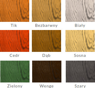Kolory impregnatów: Bezbarwny, Tik, Biały, Cedr, Dąb, Sosna, Zielony, Wenge i Szary
